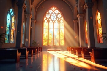 Obraz premium Serene Sunlight Streams Through Stained Glass in a Modern Chapel Interior, Illuminating Dust Motes and Creating a Peaceful Atmosphere of Contemplation and Tranquility.
