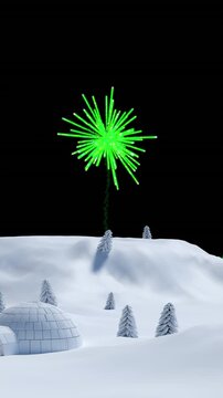 Animation of yellow and green christmas and new year fireworks in night sky over igloo in snow