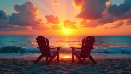 Two empty chairs facing a beautiful sunset over a calm ocean, symbolizing a missed connection or a relationship's end  A sense of longing and solitude pervades the scene , dream, memory, lost