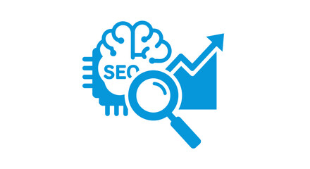Blue SEO Brain Magnifying Glass and Growth Chart Icon.