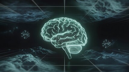 Illuminated digital brain model floating in a futuristic network grid amidst abstract cosmic clouds and microscopic particles