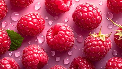Vibrant red raspberries with sparkling water droplets on a bright pink background, creating a fresh and juicy food and nature aesthetic