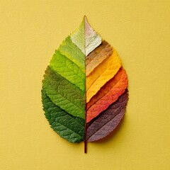 Leaf color change autumn season concept fall foliage transition from green to brown on yellow background