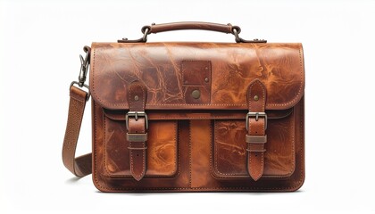 Vintage brown leather satchel-style bag with top handle, two front buckle straps, long adjustable shoulder strap