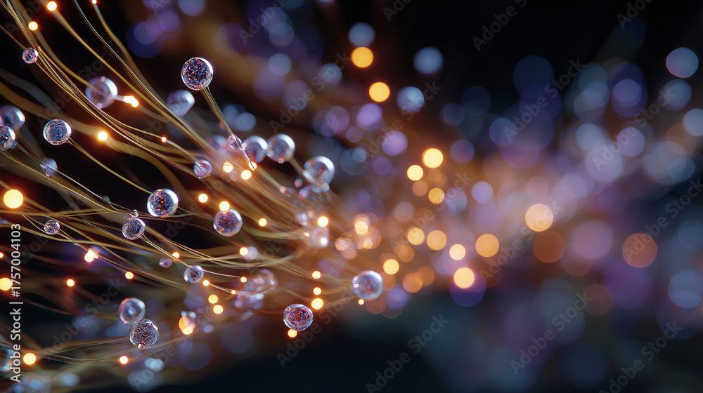 Wall mural illuminating pathways: a captivating macro shot reveals luminous strands and glowing orbs weaving in
