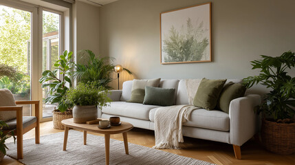 Cozy Living Room: A serene living space with modern furniture, abundant houseplant life, and natural light streaming in from large windows, inviting a sense of calm and tranquility.