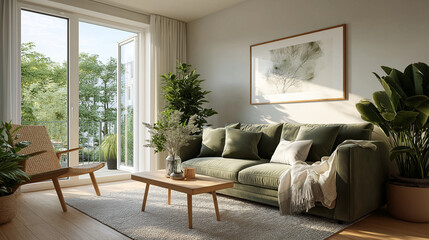 Fototapeta premium Living Room Harmony: Natural light bathes an inviting living room, where a plush sofa and elegant decor creates a sanctuary of serenity. the open window framing lush greenery, bringing the outside in.