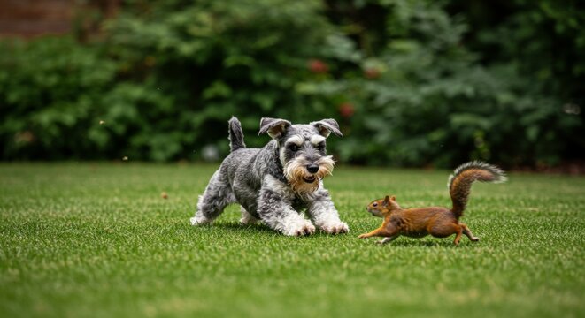 Playful Encounter, Miniature Schnauzer Chasing a Squirrel on Green Lawn