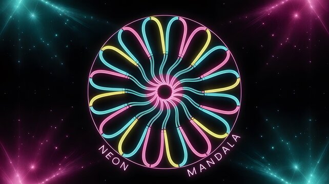 Vibrant neon mandala design with glowing petals and abstract cosmic background - Powered by Adobe