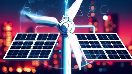 Renewable energy turbine and solar panels generate power at night. - Powered by Adobe