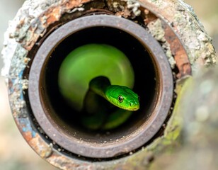 Fototapeta premium Green snake in a rusty pipe