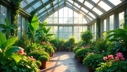 Vibrant, lush greenery thrives within a spacious greenhouse, sunlight streaming through the glass panes, illuminating a variety of plants and flowers ,  glasshouse,  vibrant