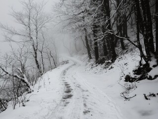 A serene snowy path winding through a misty forest of bare trees in winter.
