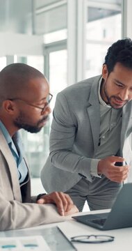 Business, men and laptop with advice in office for IPO transaction, sales pitch and market trends. Investment banker, paperwork and client meeting with tech for company valuation and raising capital