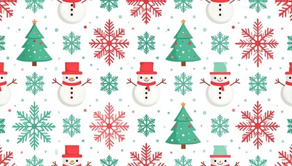 Seamless Christmas background featuring cute snowmen, decorated Christmas trees, red snowflakes, and festive winter colors. Perfect for holiday wrapping paper, greeting cards, textile prints