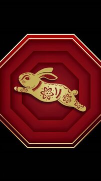 Animation of chinese traditional decorations and rabbit on red background