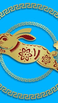 Animation of chinese traditional decorations with rabbit on blue background