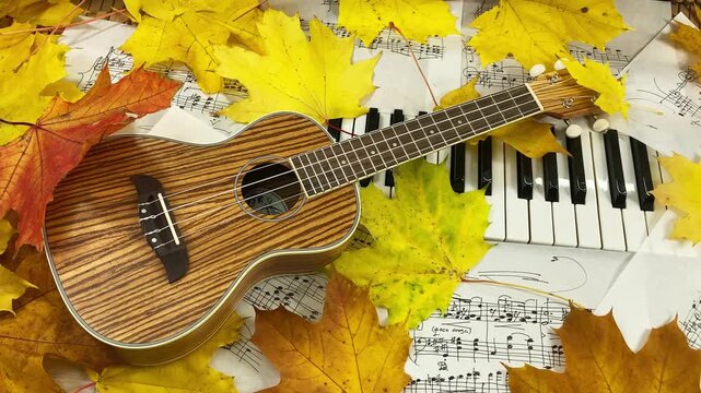 Acoustic Autumn Duet: A beautiful wooden ukulele rests on the keys of an old upright piano, surrounded by golden maple leaves and handwritten sheet music, creating a warm and nostalgic atmosphere