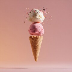 Ice cream cone with vanilla and strawberry scoops and sprinkles on a pink background sweet treat