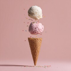 Delicious ice cream cone with sprinkles on pink background dessert sweet frozen treat food photography