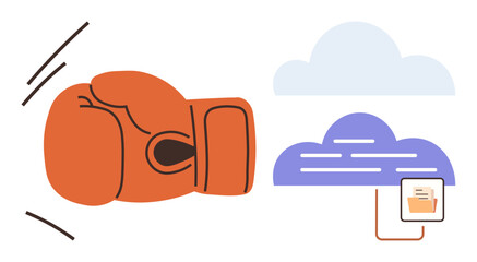 Boxing glove hitting toward a cloud storage icon linked to a folder, representing challenges in digital security, cloud disruptions, or competitive tech advancements. Ideal for technology