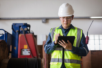 Engineer in PPE inspecting electrical power cable from a large cable reel, using a tablet for digital reporting. Industrial safety and energy infrastructure maintenance