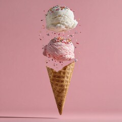 Ice cream cone with scoops and sprinkles on pink background summer dessert food photography