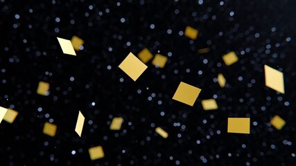 Golden confetti falling dark space with sparkling lights creates festive party celebration and dynamic atmosphere perfect - Powered by Adobe