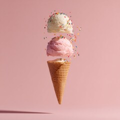 Ice cream cone with scoops and sprinkles on pink background summer dessert food photography