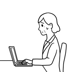 困った表情のシニア女性　パソコン作業中（線画のみ・横向き）