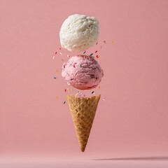 Ice cream cone with scoops and sprinkles on pink background summer dessert sweet treat food photography