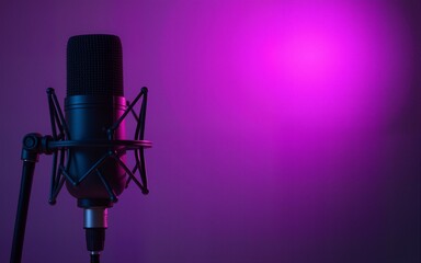The sound recording studio showcases a professional microphone against a vibrant purple background making it a perfect backdrop for a podcast or recording studio There is ample copy space available fo