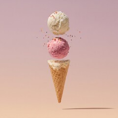 Ice cream cone with vanilla and strawberry scoops floating on pink background summer dessert treat