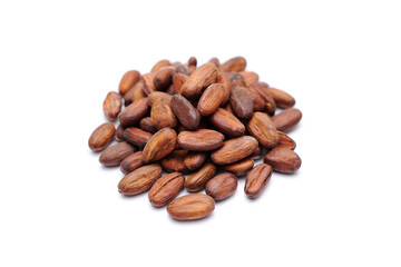 Fresh cacao beans on white background