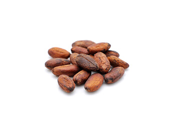 Fresh cacao beans on white background