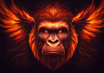 Fototapeta premium Fiery gorilla with flames erupting from its back, conveying intense emotion, against a dark background, viewed from the front