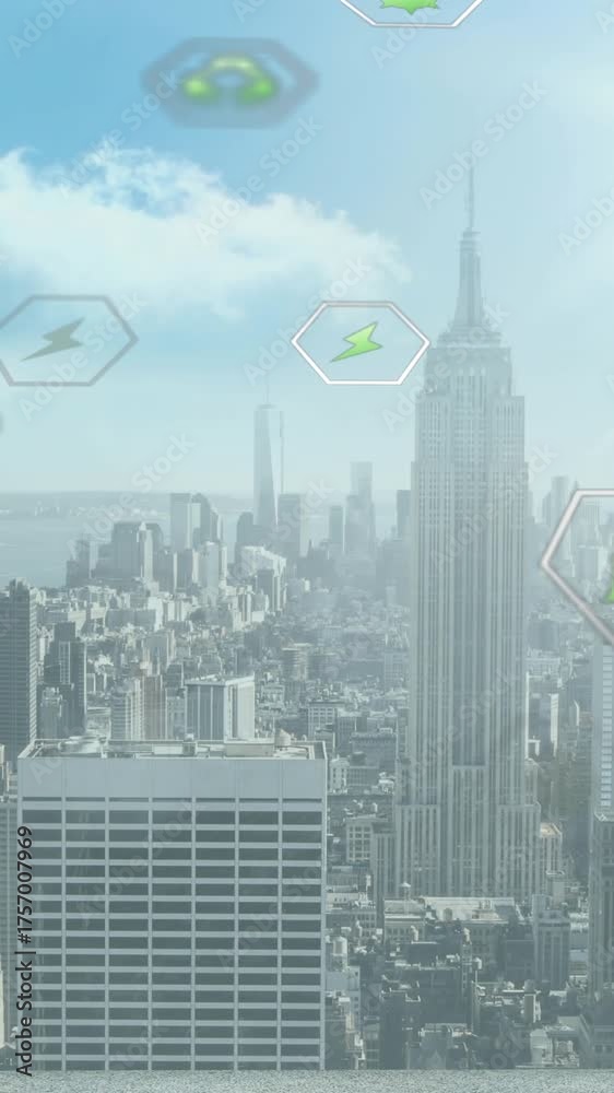 Wall mural animation of data processing over cityscape