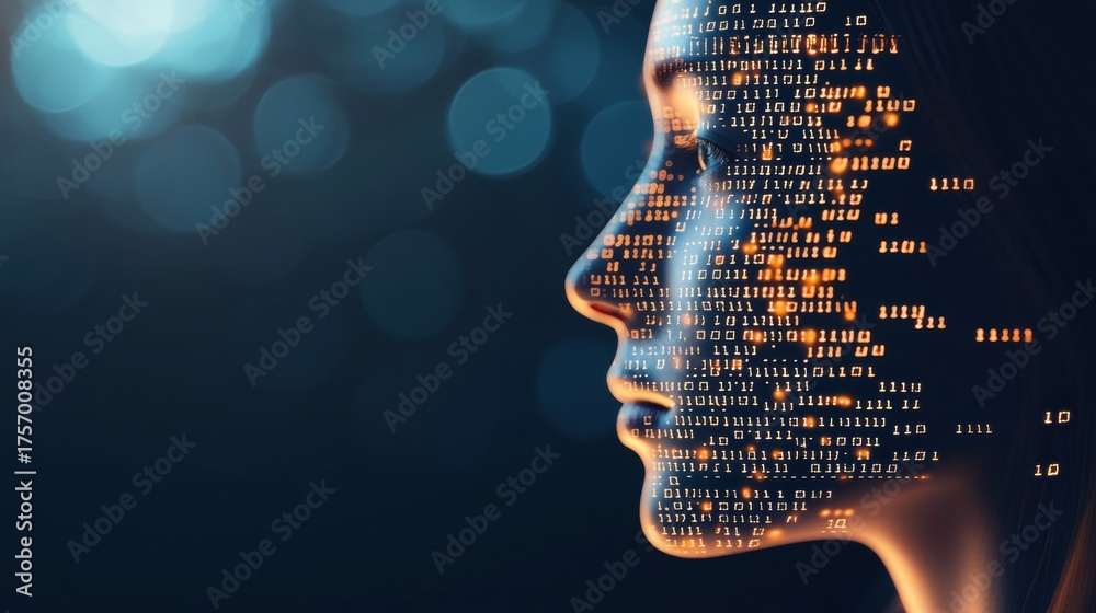 Wall mural binary abstract image of binary digits forming a human face in a digital world.
