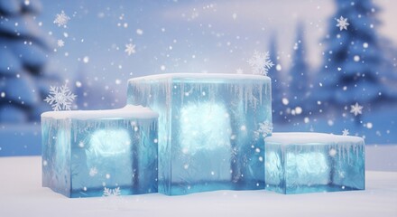 Icy Blue Blocks Covered in Snow with Snowflakes and Trees in the Background