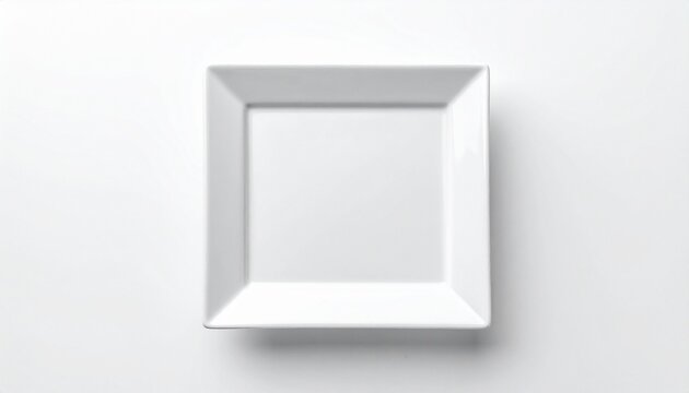 Clean white square ceramic plate with slightly upturned edges, minimalist modern design on white background.