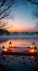 A romantic wooden dock adorned with glowing candles and rose petals on a misty lake at a vibrant sunset, featuring suspended heart lights.
