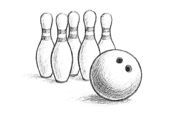 Bowling Ball and Pins Hand Drawn Sketch