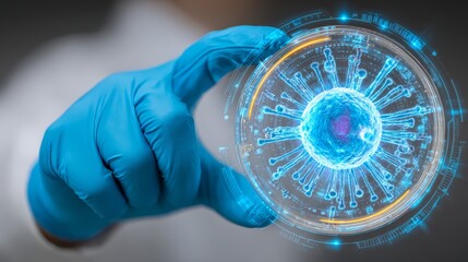 Blue gloved hand presents circular device gloved hand holds circular device displaying blue and white image