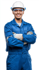Cheerful man in blue work uniform and safety gear stands confidently with arms crossed, showcasing professionalism and readiness