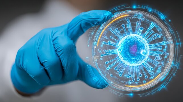 Blue gloved hand presents circular device gloved hand holds circular device displaying blue and white image