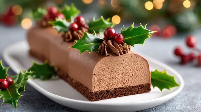 Close up of french b&ucirc;che de no&euml;l cake with chocolate decoration for christmas celebrations