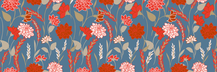 Seamless vector floral pattern with red and beige wildflowers, delicate stems, and leaves on a muted blue background. Elegant botanical design for fabric, decor, and stationery