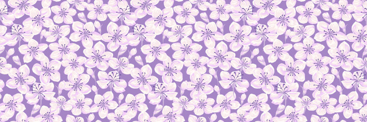 Seamless vector pattern with hand drawn cherry blossoms in soft pink and lilac on a purple background. Romantic floral designs for spring textiles, wallpapers, packaging
