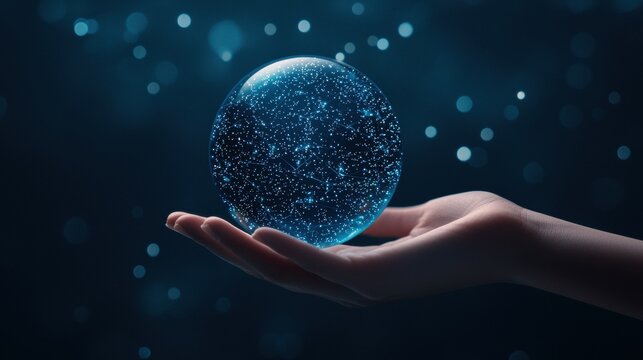 Globe Futuristic holographic globe with data points floating above a person hand.