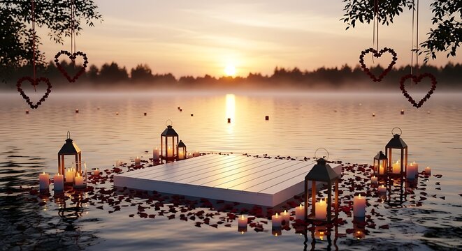 A serene lake at dawn, featuring a floating platform adorned with rose petals, lanterns, and heart garlands, bathed in golden light.